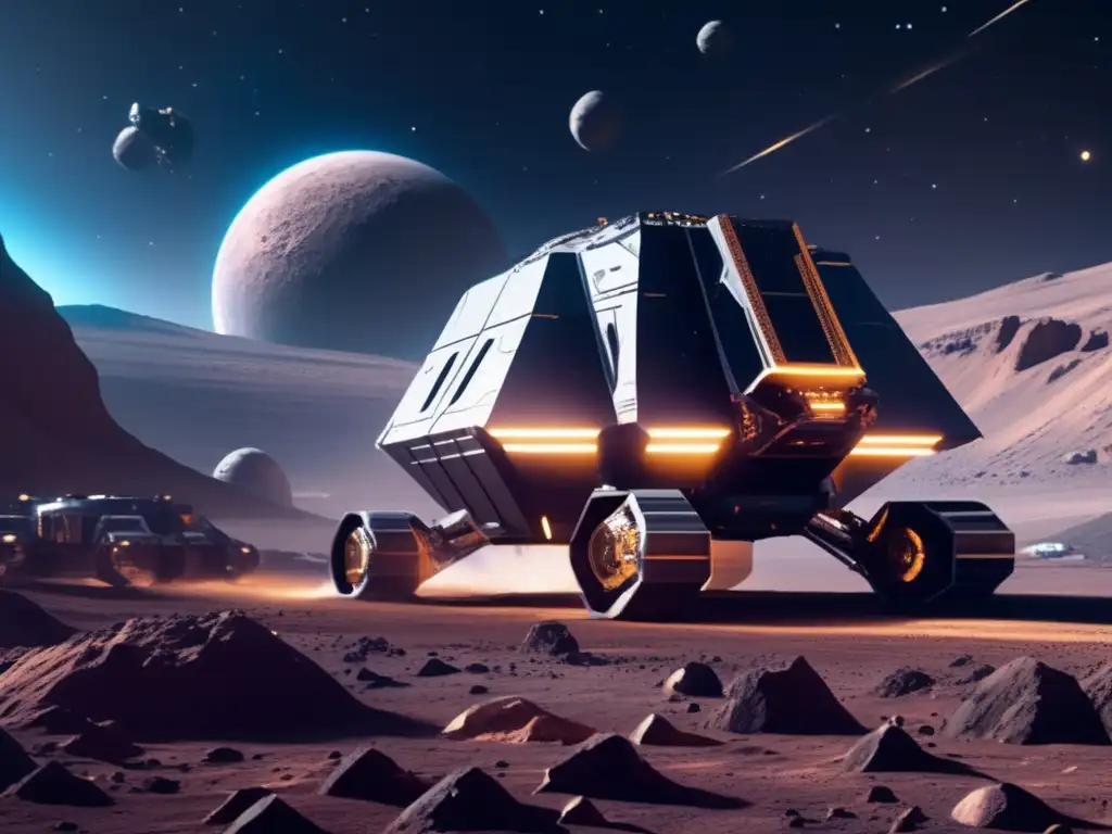 Futuro de la minería espacial Minería de asteroides: Operación futurista de extracción de recursos en un asteroide metálico en el espacio