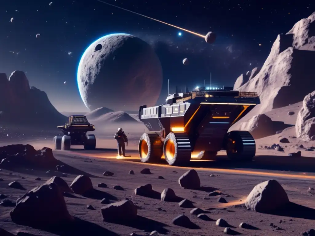 Minería futurista en asteroide Minería de asteroides: operación futurista extrayendo recursos valiosos en el espacio profundo