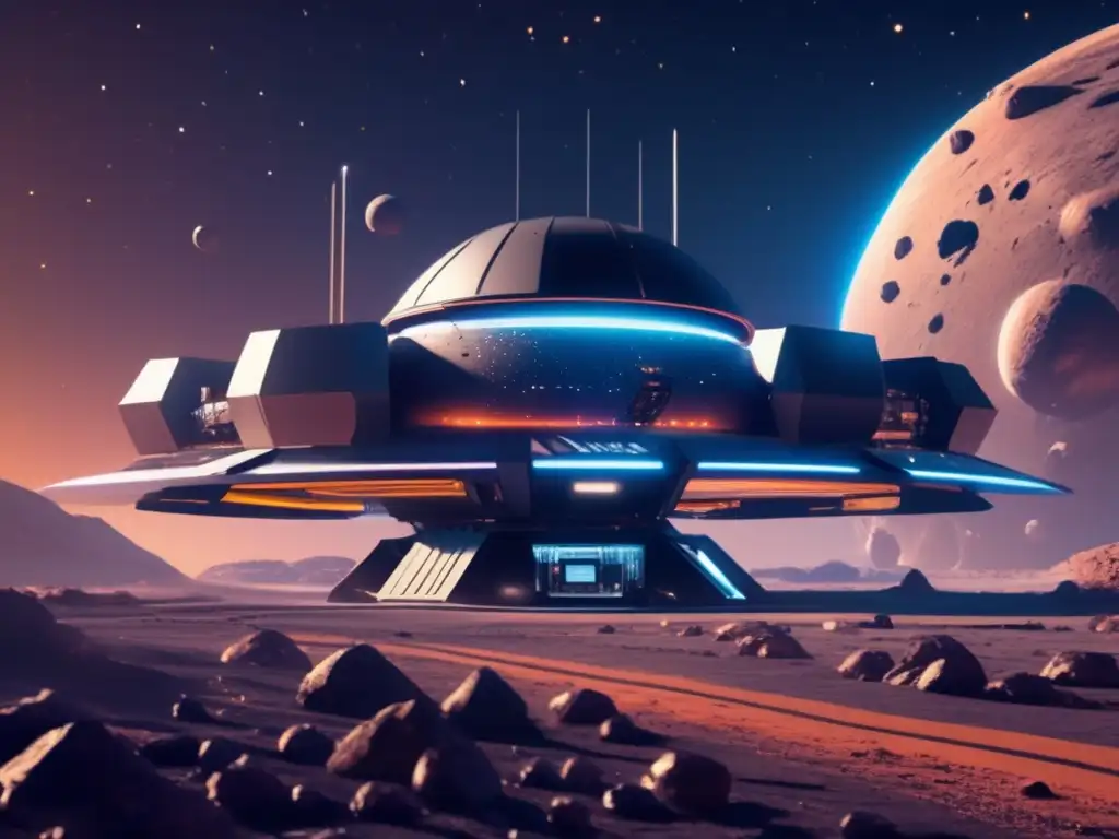 Estación espacial futurista en campo de asteroides Gestión segura en minería: imagen de estación espacial futurista en campo de asteroides con naves recolectando recursos