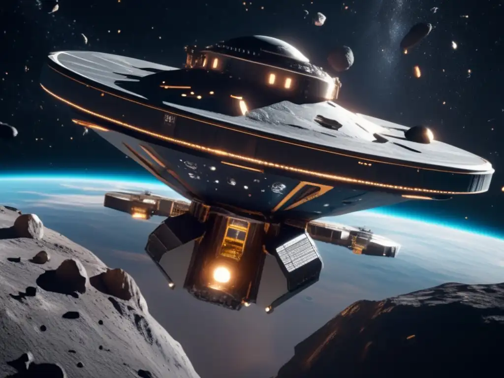 Futurista estación espacial minera Minería y reutilización de materiales de asteroides en el espacio