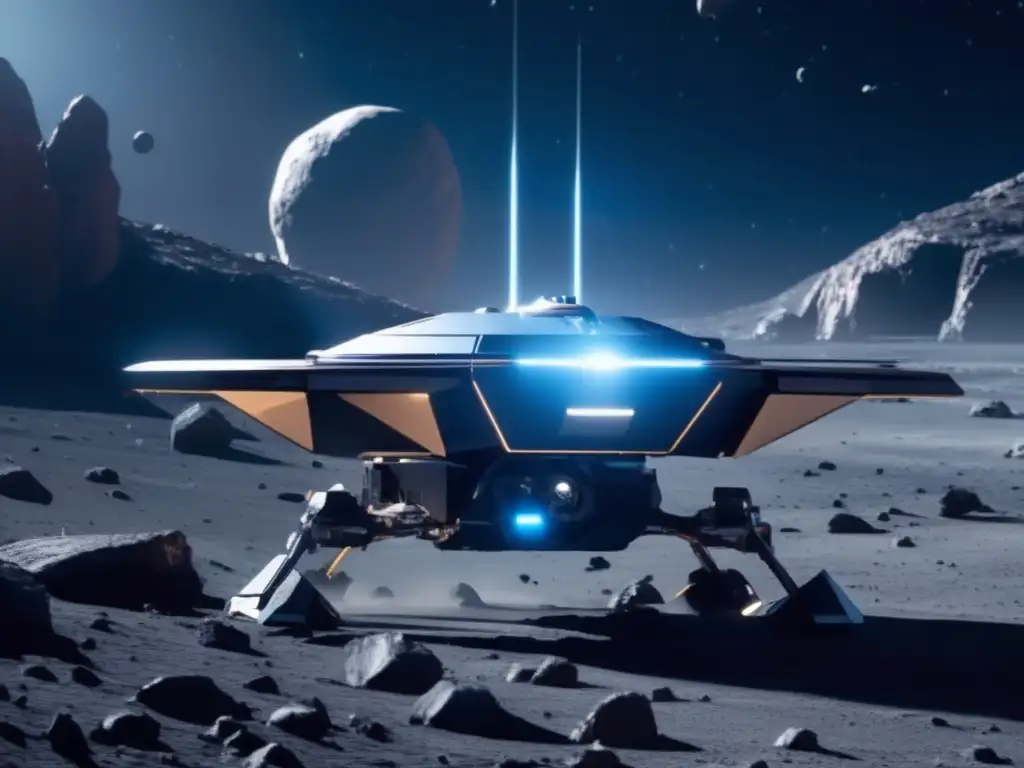 Exploración autónoma de asteroides con nave futurista Robótica autónoma en misiones asteroides con avanzada nave espacial y delicada recolección de muestras