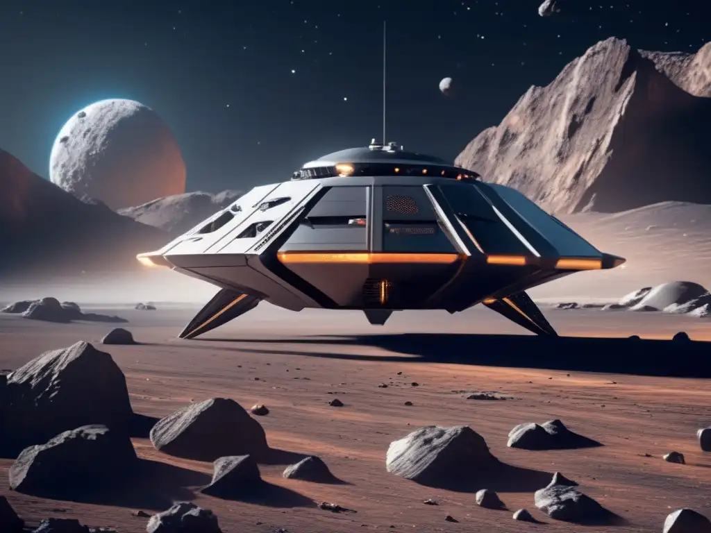 Nave futurista recolectando muestras en asteroide Robótica autónoma en misiones asteroides: nave futurista recolectando muestras en superficie lunar