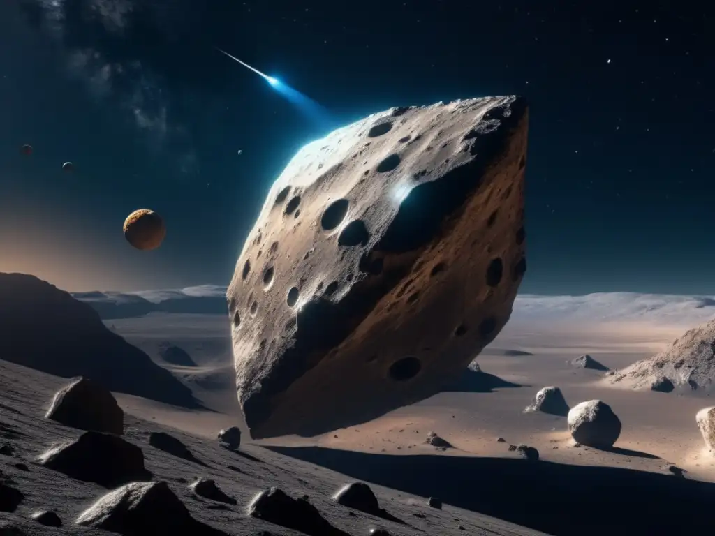 Misión espacial: Explorando asteroides C Misiones espaciales asteroides tipo C: nave espacial explorando un asteroide rocoso en el espacio