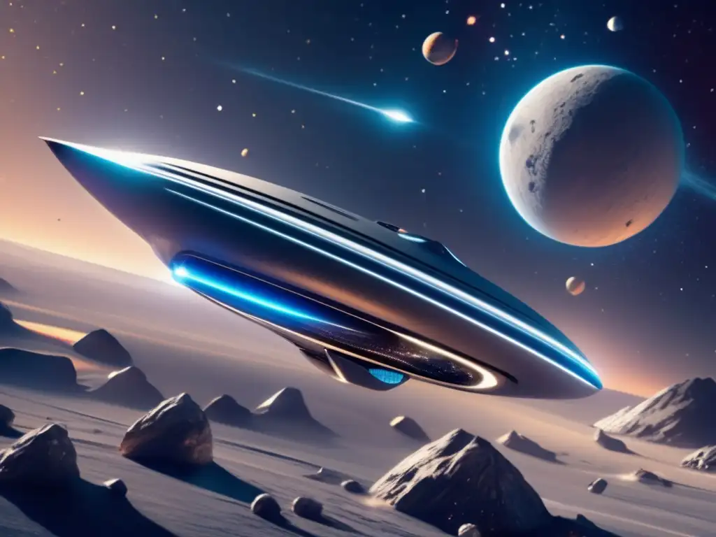 Nave espacial futurista surcando el espacio Misiones espaciales: Nave futurista surca vasto espacio rodeado de estrellas y asteroide tipo C