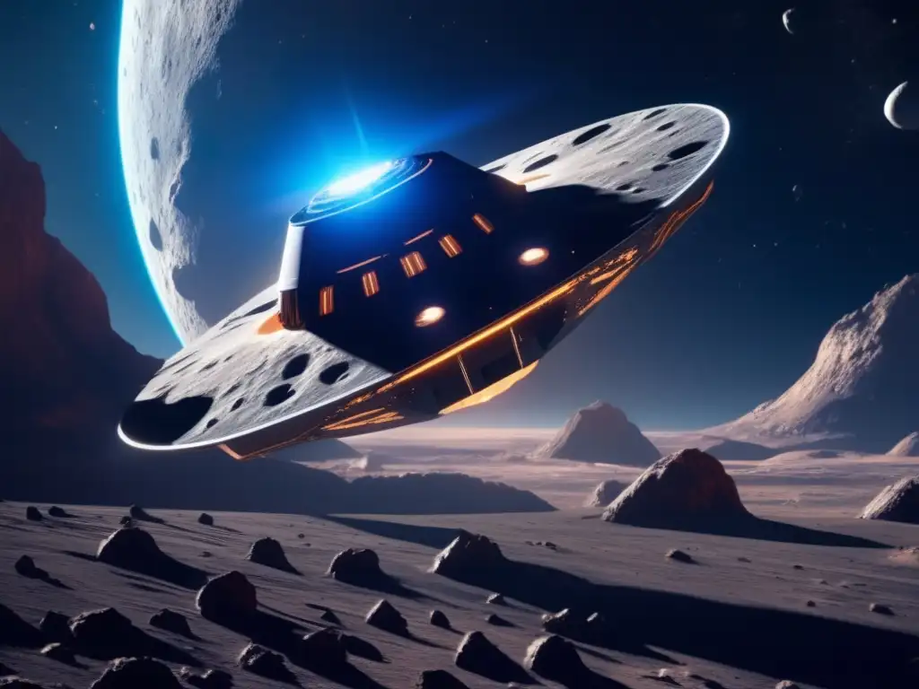 Nave espacial maniobrando cerca de asteroide Misiones espaciales para modificar órbitas de asteroides