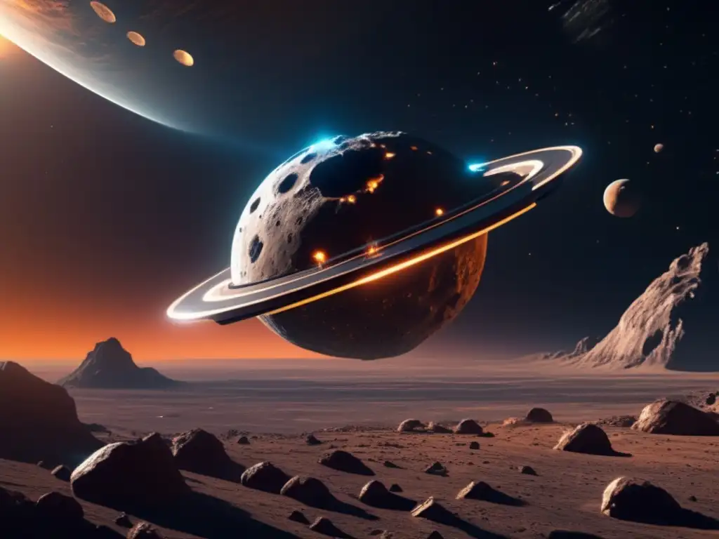 Nave futurista en asteroide espacial Misiones espaciales: modificar órbitas asteroides, nave futurista en el espacio