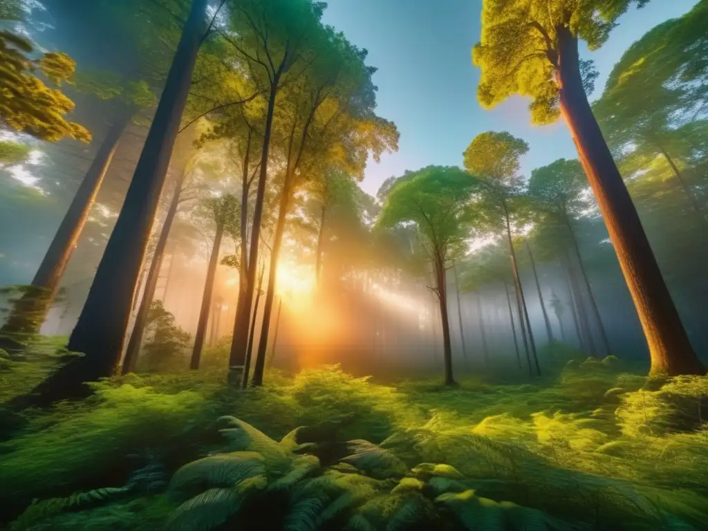 Explosión misteriosa en el bosque Explorando el misterio del evento de Tunguska: una imagen impactante de una explosión en un bosque denso al atardecer