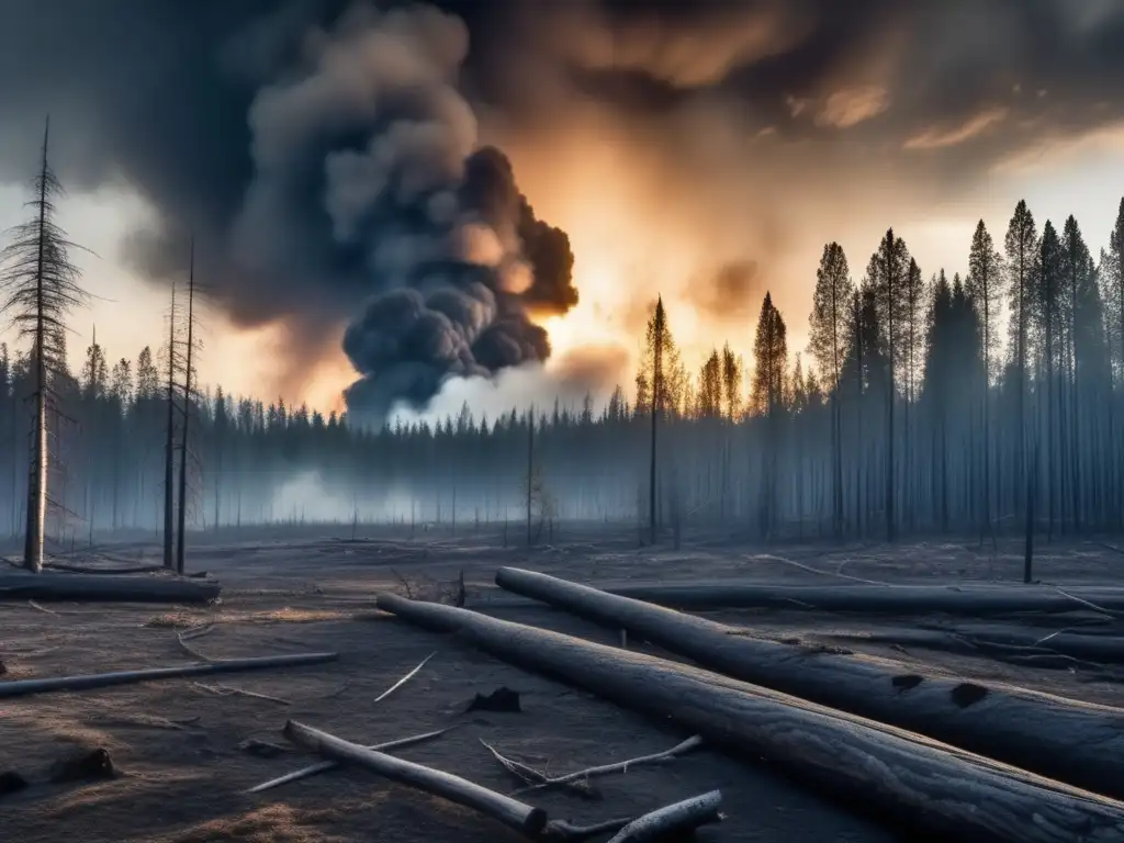 Devastación tras explosión en Tunguska Explorando el misterio del evento de Tunguska: devastación, humo y energía en una impactante imagen 8k