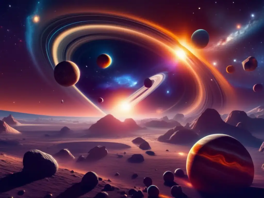 Formación del sistema solar y asteroides Descifrando misterios planetas extinguidos en imagen 8k de la formación del sistema solar, asteroides y disco protoplanetario