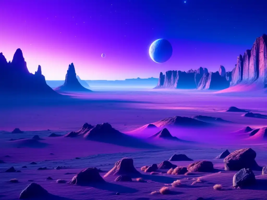 Descifrando misterios planetas extinguidos: un planeta desolado con cráteres profundos y formaciones rocosas imponentes bajo un cielo estrellado