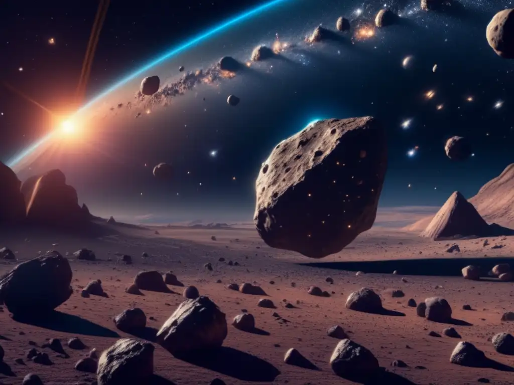 Esplendor cósmico: asteroides en el espacio Un misterioso paisaje espacial 8K con asteroides diversos