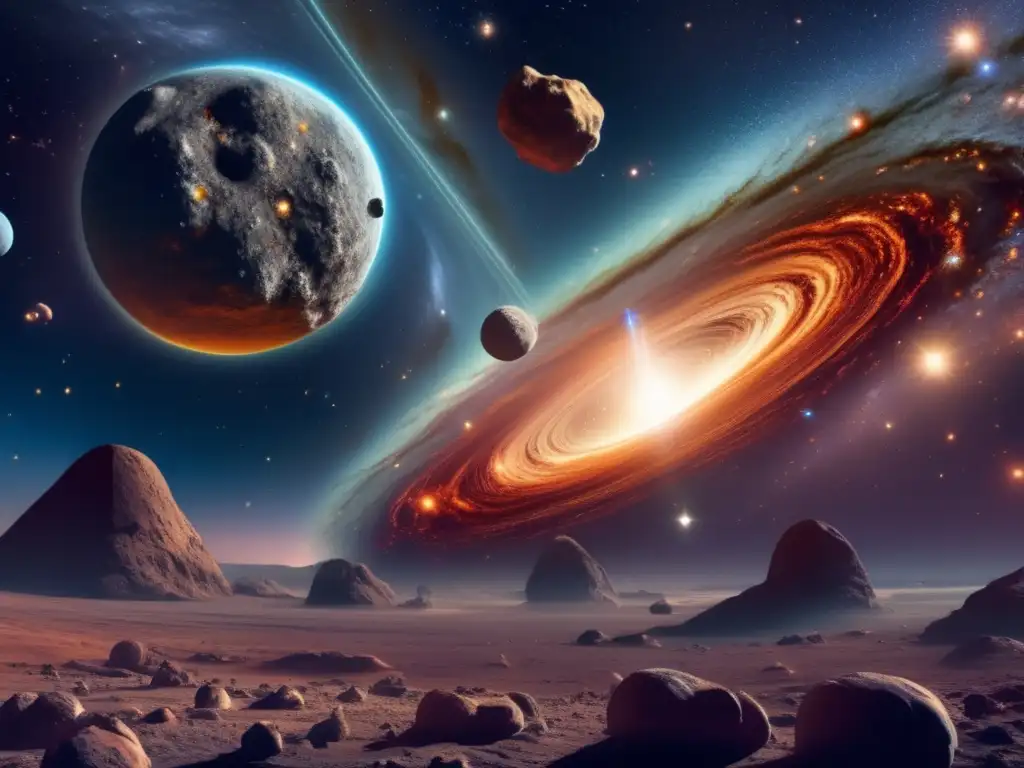 Paisaje cósmico con asteroides y galaxias Desmontando mitos asteroides espacio: imagen cósmica con galaxias, asteroides y colores vibrantes