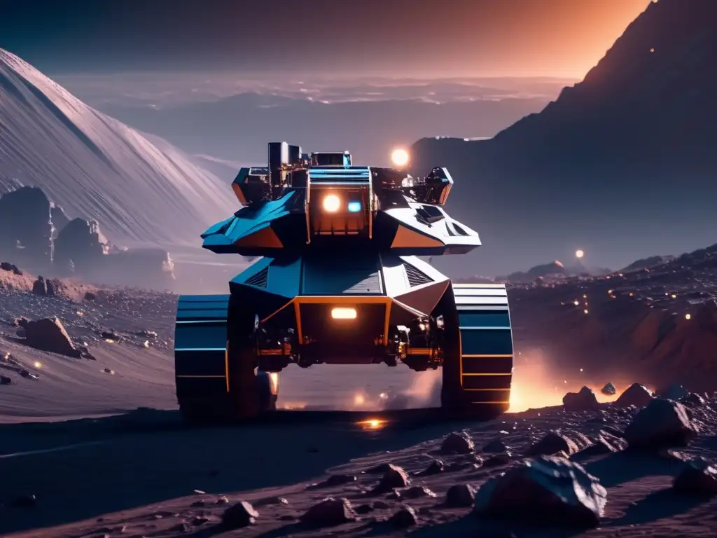 Mineros robóticos extraen minerales en asteroide Desmontando mitos sobre asteroides: Futura operación de minería espacial en un asteroide, con robots avanzados y paisaje estelar