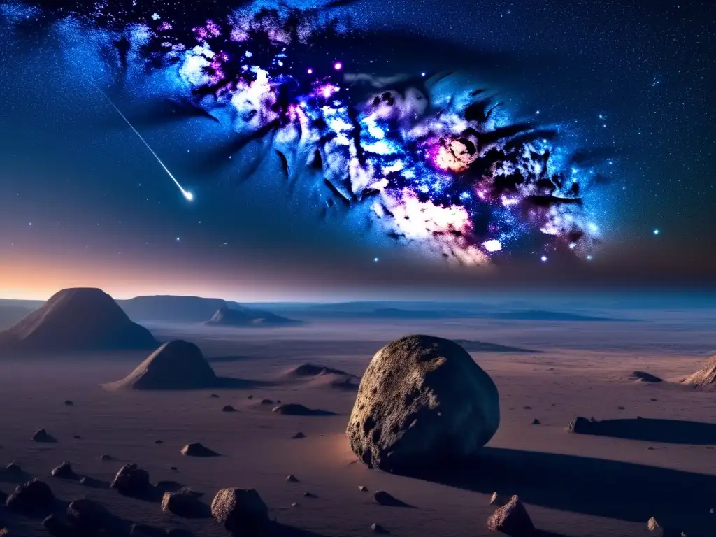 Espléndido cosmos: asteroide estelar Desmontando mitos sobre asteroides: vista impresionante del cielo nocturno estrellado con un asteroide iluminado