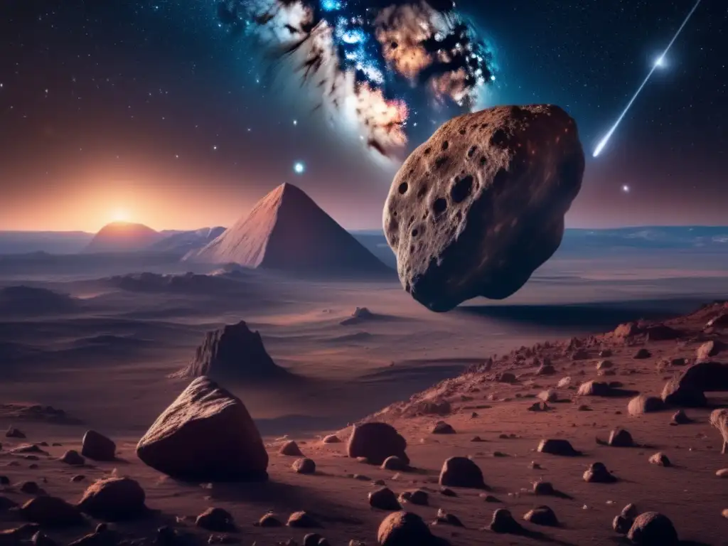 Asteroide misterioso en el cosmos Mitos y leyendas de asteroides en la Antigüedad bajo un cielo nocturno estrellado y un asteroide imponente