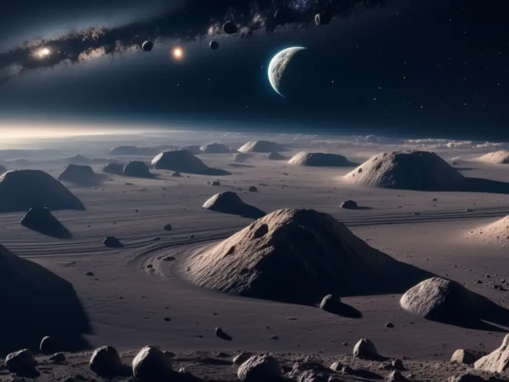 Espectacular imagen de un cinturón de asteroides en el espacio Mitos y realidades de asteroides: imagen impactante de un cinturón de asteroides en el espacio, con un asteroide masivo en primer plano y otros en la distancia, revelando su belleza y evolución