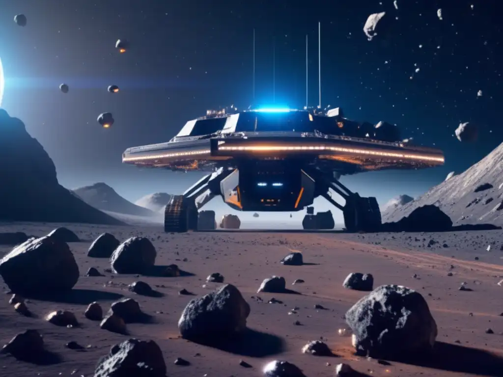 Futura minería espacial en asteroide Mitos y realidades de asteroides: Operación minera futurista en un asteroide, con naves espaciales y tecnología avanzada