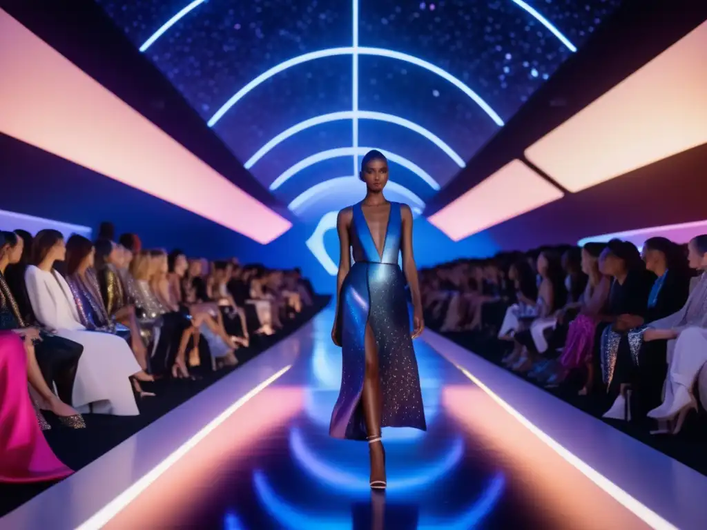 Moda futurista inspirada en las estrellas Moda espacial: Exploración de asteroides en un desfile de moda futurista con diseños celestiales y accesorios galácticos