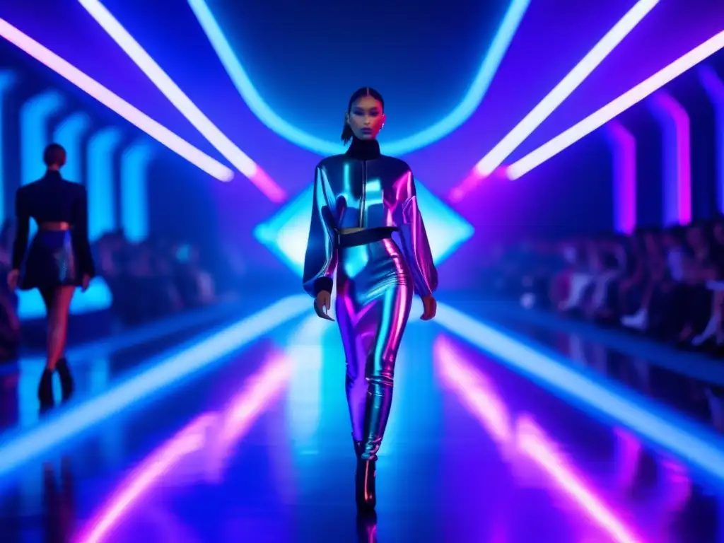 Pasarela futurista en galaxia Moda espacial: Pasarela futurista en galaxia con diseños vanguardistas y patronajes cósmicos