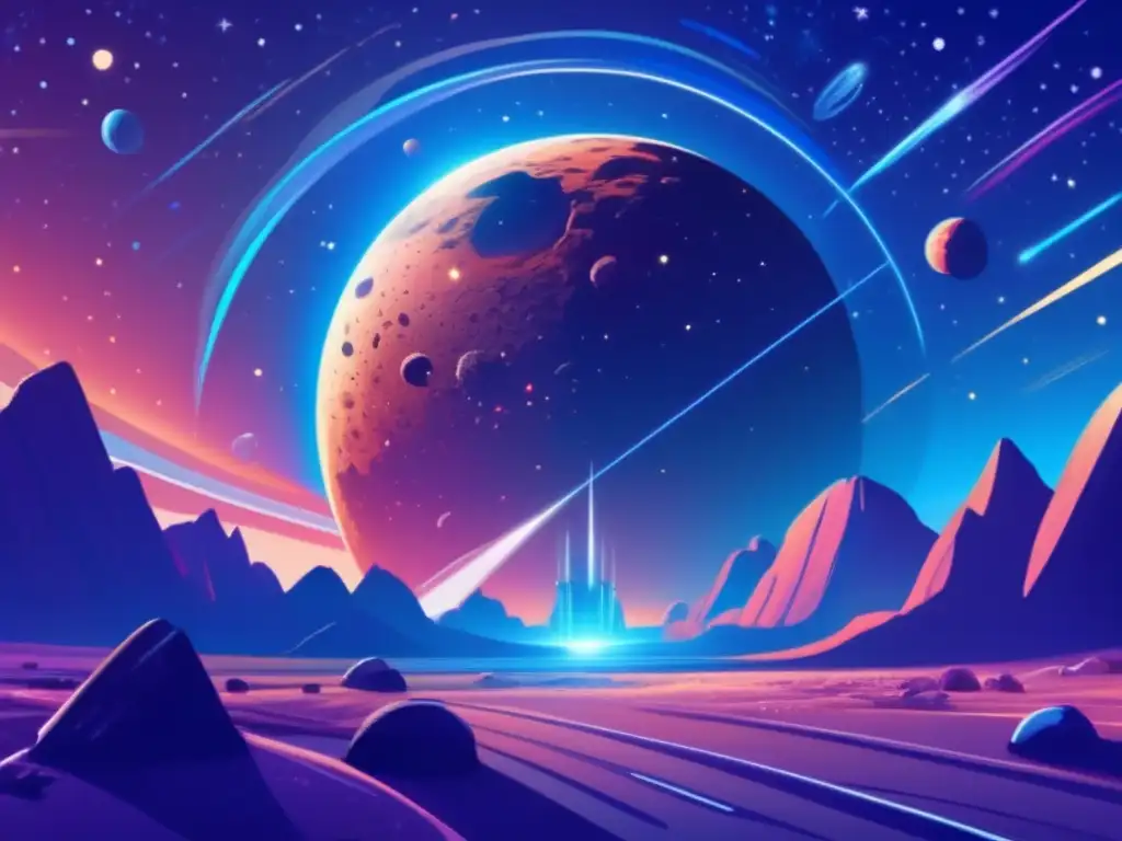 Futuro de la exploración espacial Ilustración moderna de paisaje cósmico, asteroides, tratados internacionales y equidad
