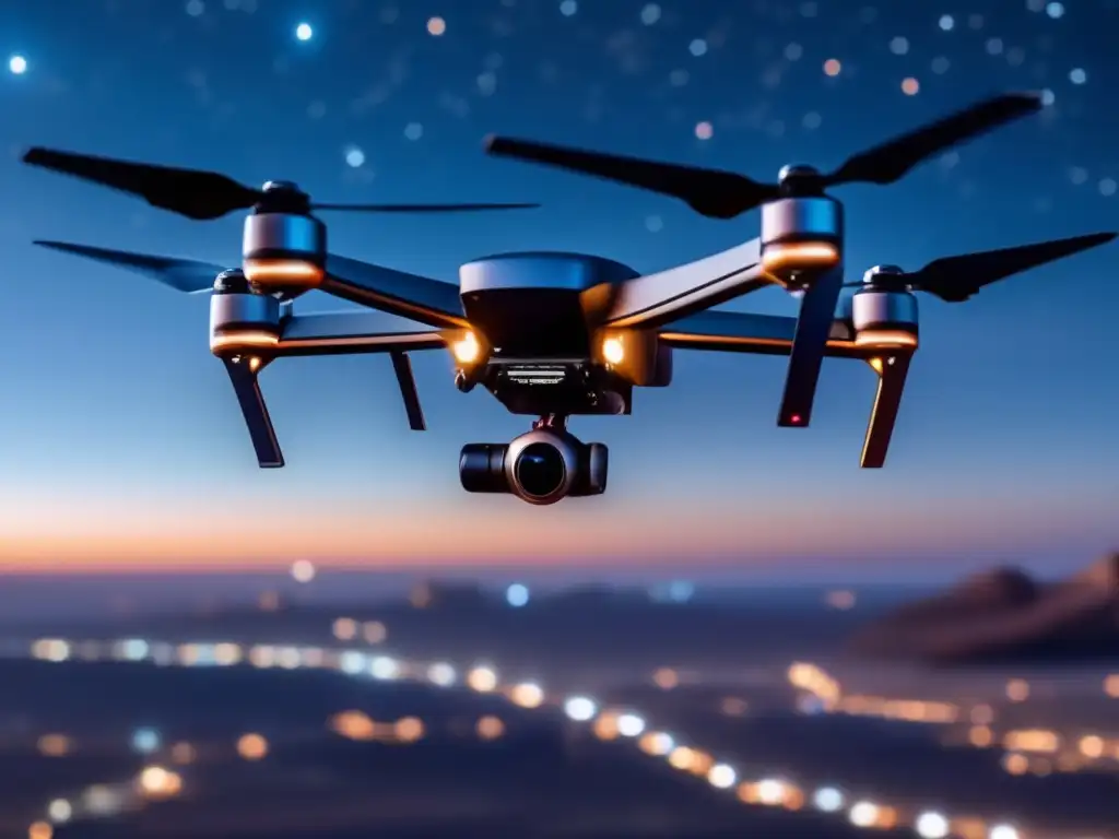 Drone astronómico rastrea asteroides en el cielo estrellado Un moderno dron vigila asteroides en un cielo estrellado, fusionando la vastedad espacial con tecnología de punta