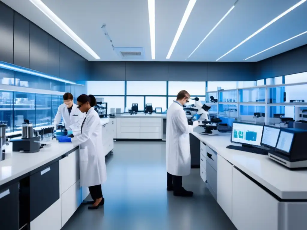 Laboratorio moderno con tecnología de vanguardia Lab moderno con equipos avanzados, científicos trabajando y búsqueda de respuestas en asteroides