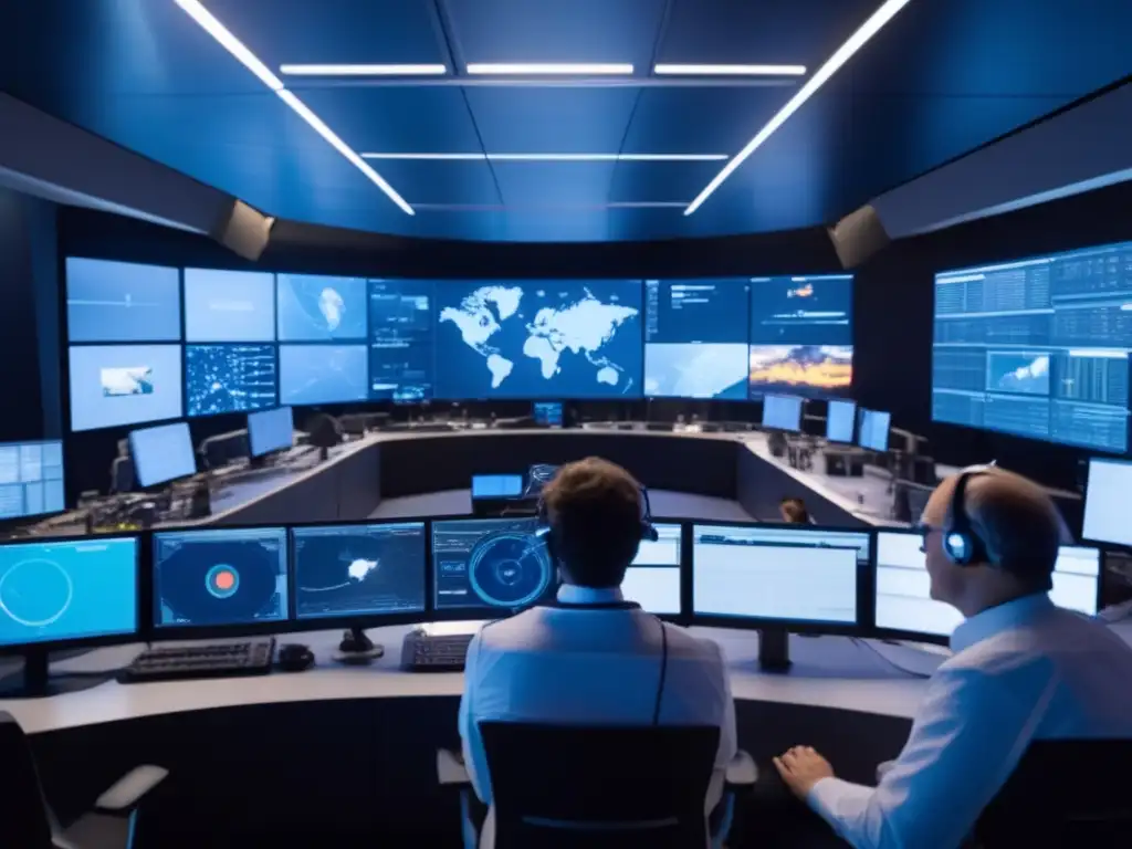Científicos y ingenieros colaborando en control de asteroides Movilización Mundial Monitoreo Asteroides: Científicos y ingenieros internacionales colaborando en una sala de control de alta tecnología