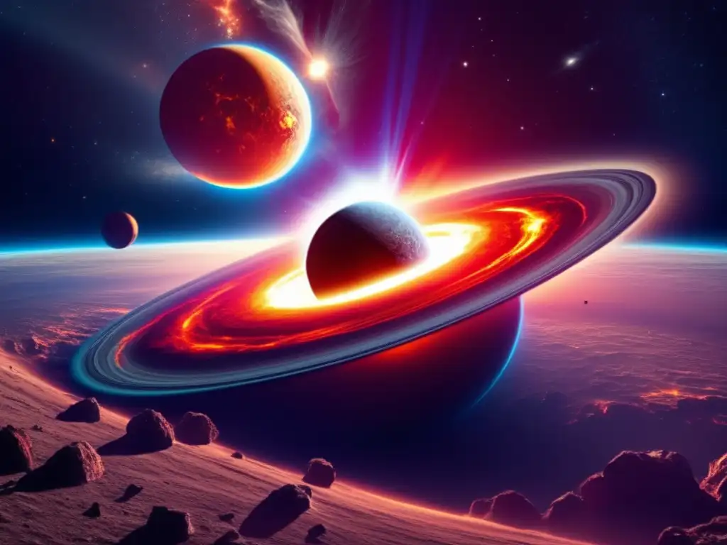 Formación asteroides mundo impacto: colisión celeste impactante con ondas y anillo de asteroides