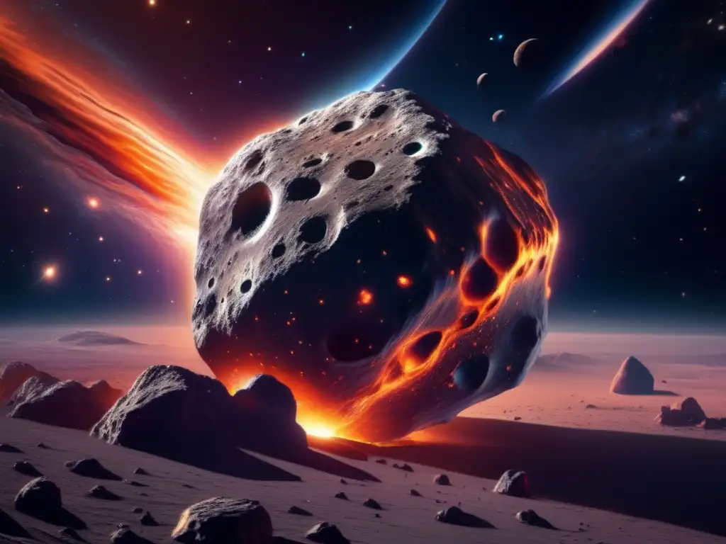 Asombroso asteroide 8k en el espacio Descubre museos cósmicos fascinantes: asteroide impresionante en detalle 8k, iluminado por estrella lejana, con textura y cráteres profundos