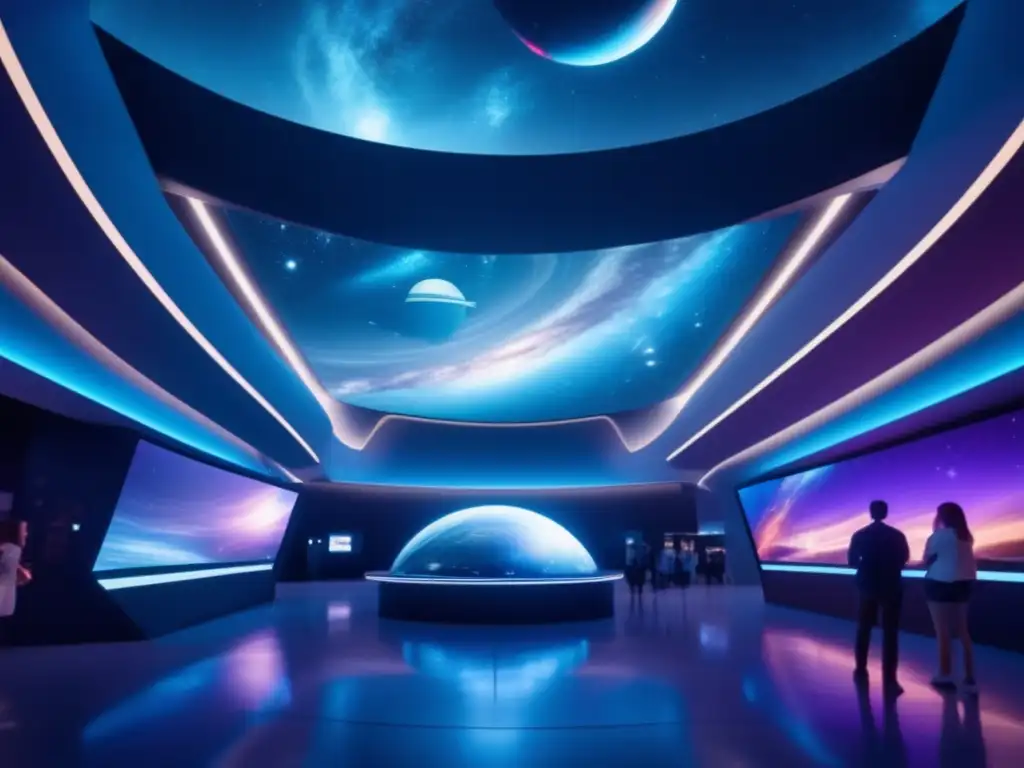 Museo espacial futurista Descubre museos cósmicos fascinantes en una impactante imagen 8k de un moderno museo espacial lleno de exhibiciones interactivas y visuales impresionantes que te transportarán al espacio exterior