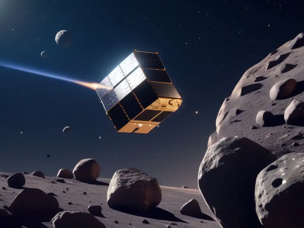 Nanosatélite moderno orbitando asteroide Nanosatélite explorando asteroide peligroso: Imagen 8K detallada muestra tecnología avanzada y colores vibrantes en el espacio