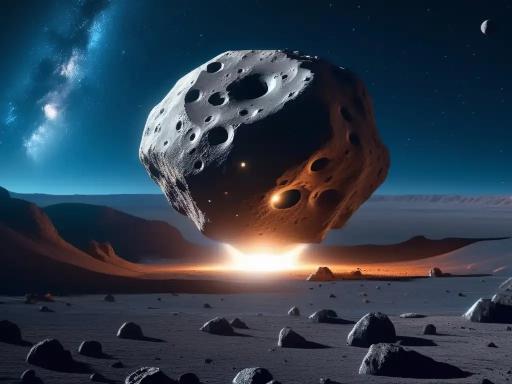Nave espacial sobre asteroide Nave espacial en asteroide con detalles, desafíos y estética futurista