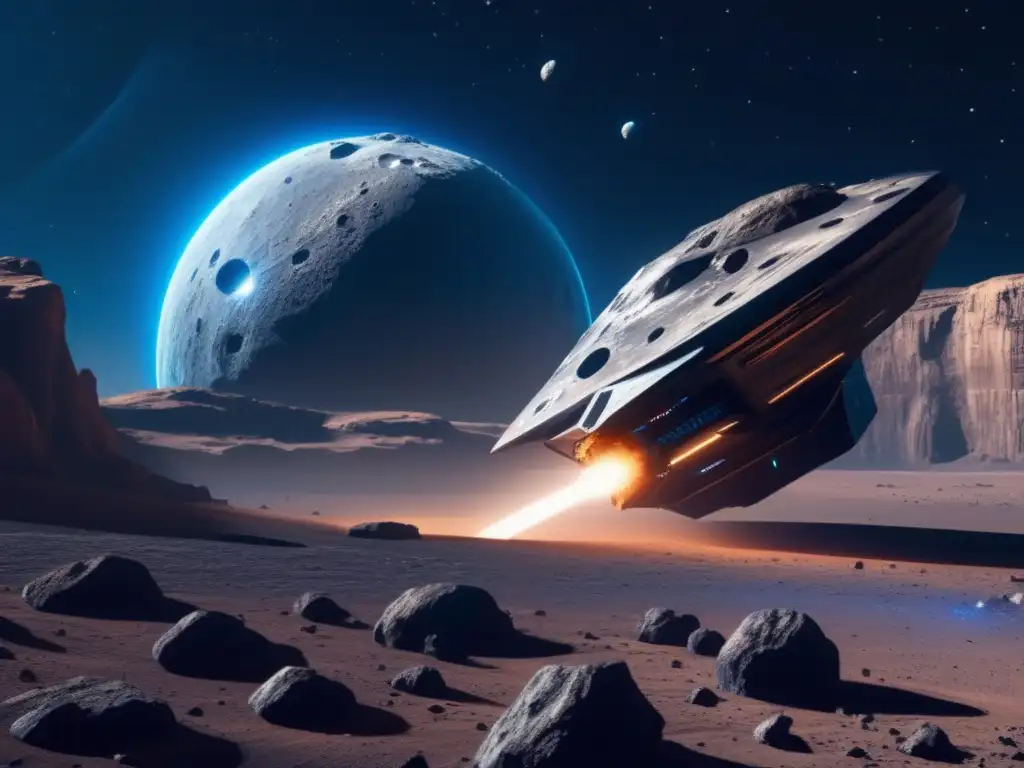 Nave futurista en asteroide Nave espacial futurista sobre asteroide habitable - Exploración espacial con asteroides