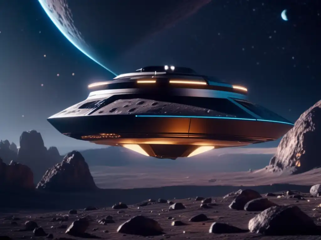 Nave espacial futurista explorando asteroide - Exploración robótica asteroides cercanos Tierra