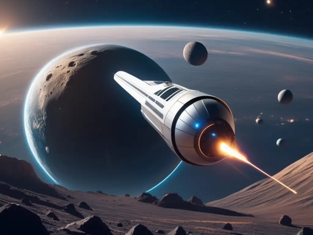 Aterrizaje preciso de nave futurista en asteroide Nave espacial futurista descendiendo hacia asteroide NEO con desafíos de ingeniería espacial y aterrizaje (110 caracteres)