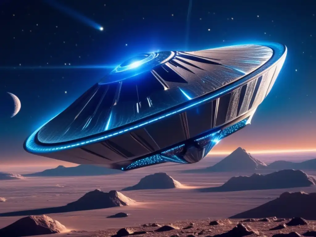 Nave espacial futurista en asteroide brillante Nave espacial futurista en un asteroide diamante