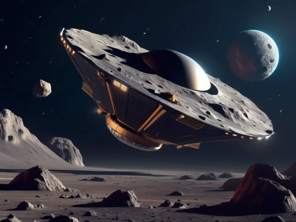 Nave espacial futurista explorando asteroide Nave espacial futurista cerca de asteroide: potencial económico recursos asteroides