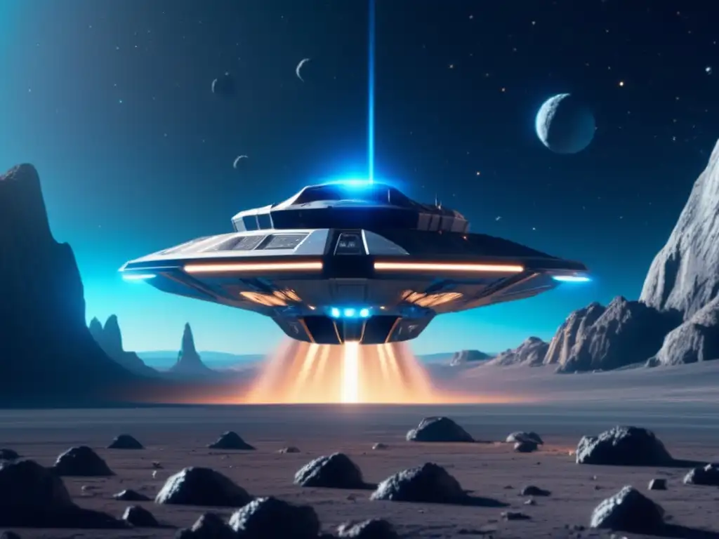 Nave espacial futurista sobre asteroide Nave espacial futurista en asteroide: tecnología avanzada, diseño impresionante, minería espacial