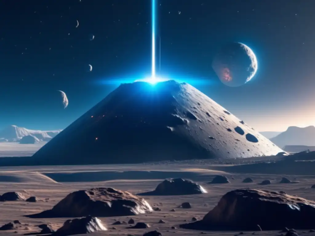 Nave futurista sobre asteroide Nave espacial futurista sobre asteroide, resalta tecnología avanzada, textura rocosa, reflejos de luz, estrellas distantes