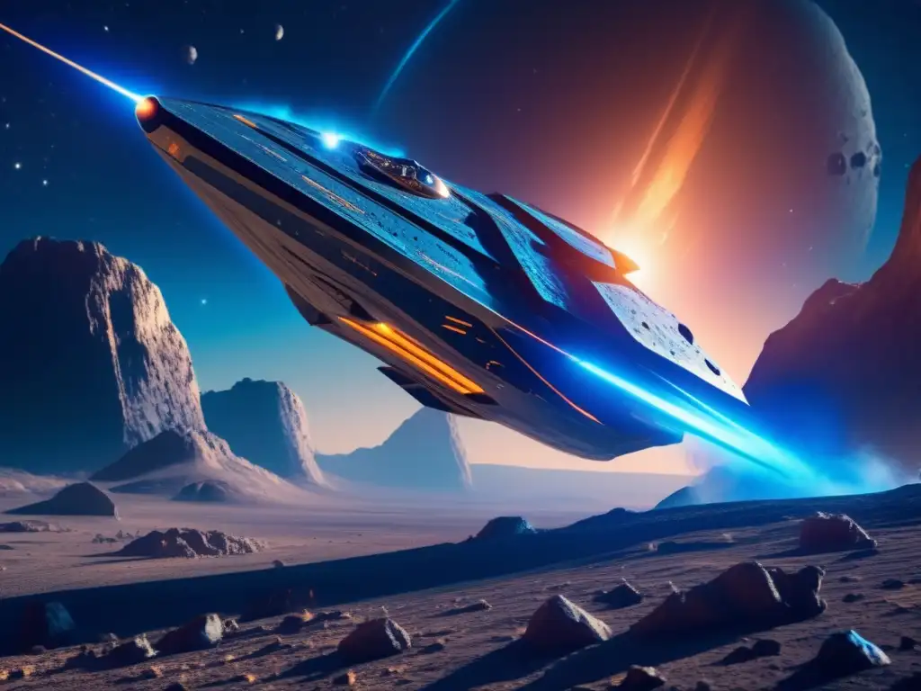 Nave espacial futurista maniobrando cerca de asteroide Nave espacial futurista maniobrando cerca de asteroide: desafíos, materiales innovadores, seguridad