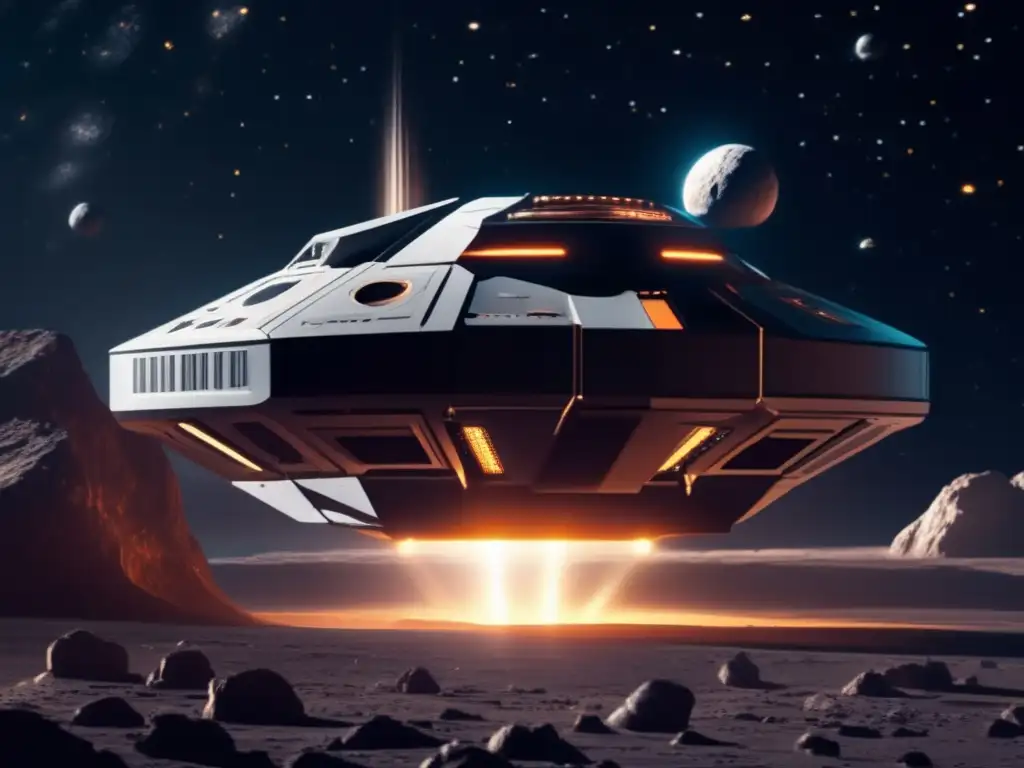 Nave espacial futurista en asteroide, optimizando rutas para vehículos autónomos