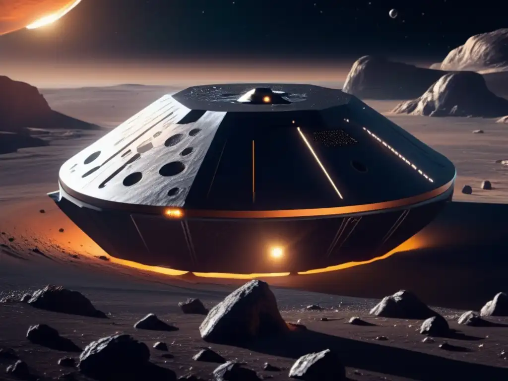 Futurista nave espacial sobre asteroide Nave espacial futurista en asteroide mineral rico, con el logo de una agencia espacial prominente