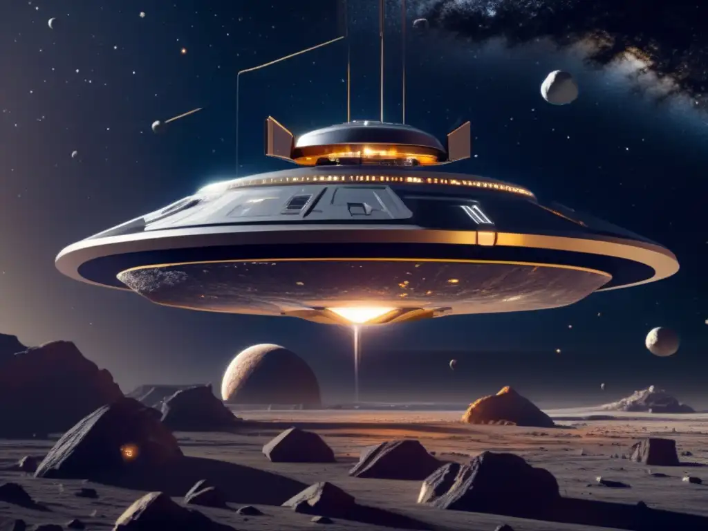 Nave espacial futurista sobre asteroide rico en recursos: minería espacial de oro, platino y elementos raros