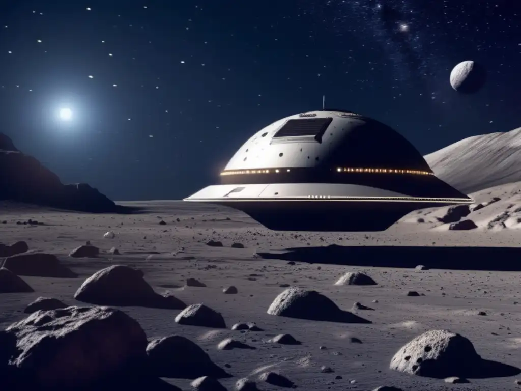 Nave espacial futurista en Ceres, con herramientas de minería avanzadas Nave espacial futurista explora y explota asteroides
