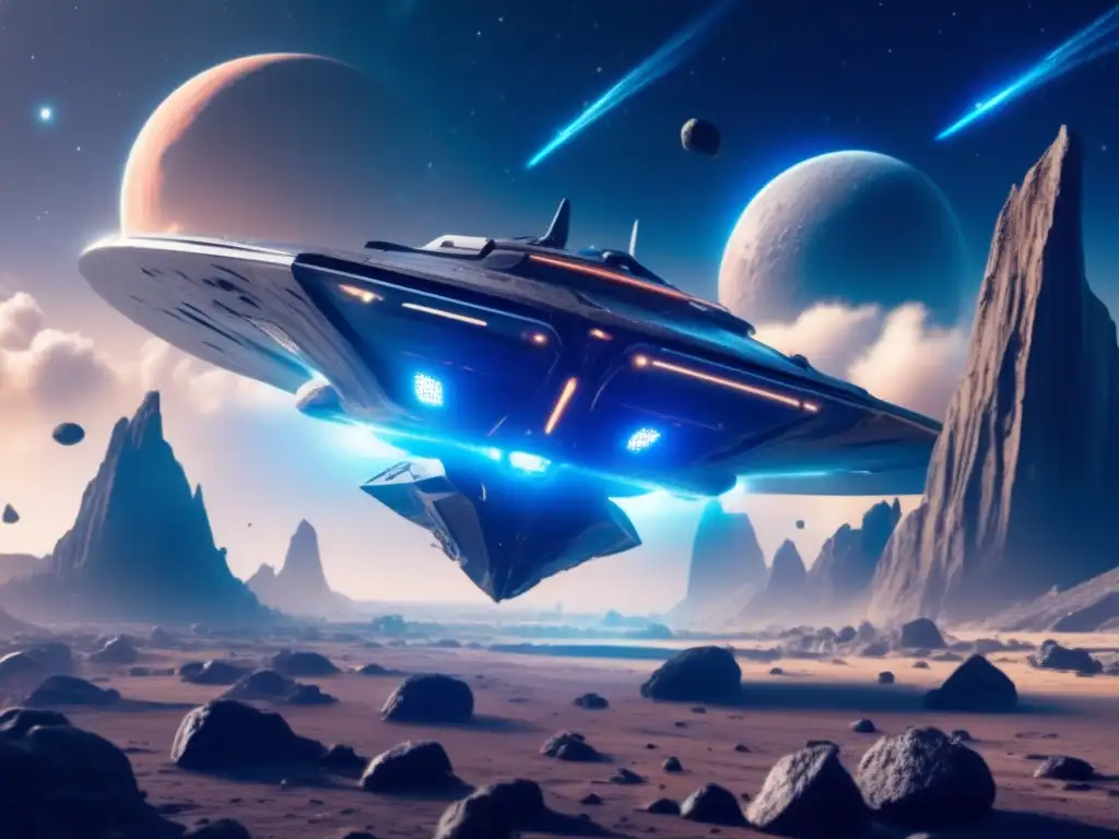 Nave espacial futurista en campo de asteroides Una nave espacial futurista flotando sobre un campo de asteroides desolado