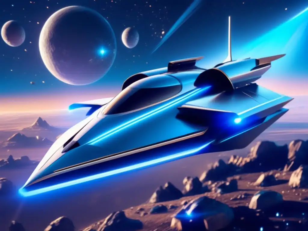 Nave espacial futurista surcando asteroides Nave espacial futurista surcando campo de asteroides