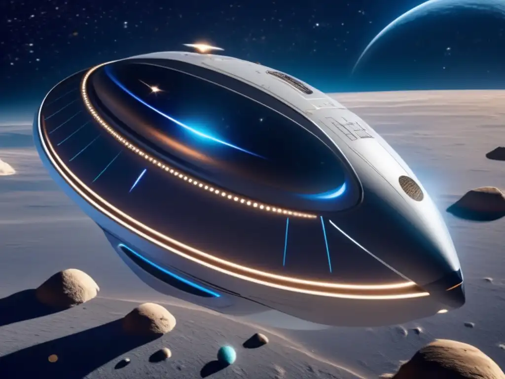Nave espacial futurista protegiendo la Tierra Nave espacial futurista con científicos y estrategias de desvío de asteroides