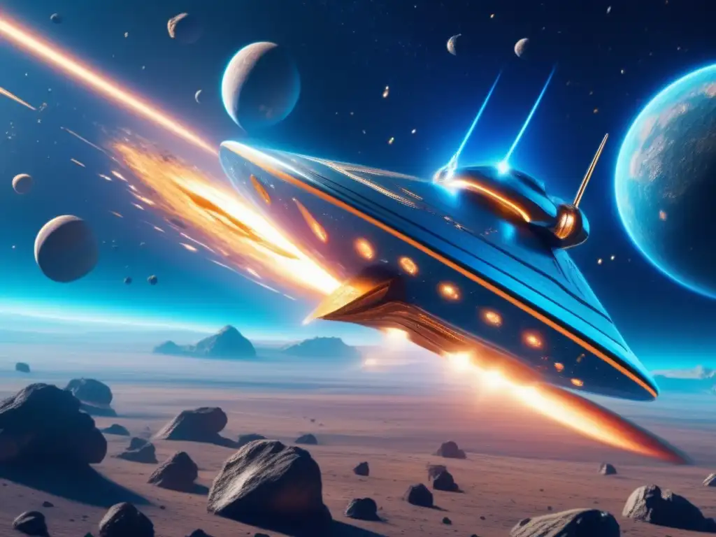 Una nave espacial futurista con escudos energéticos protección asteroides surca el espacio rodeada de asteroides