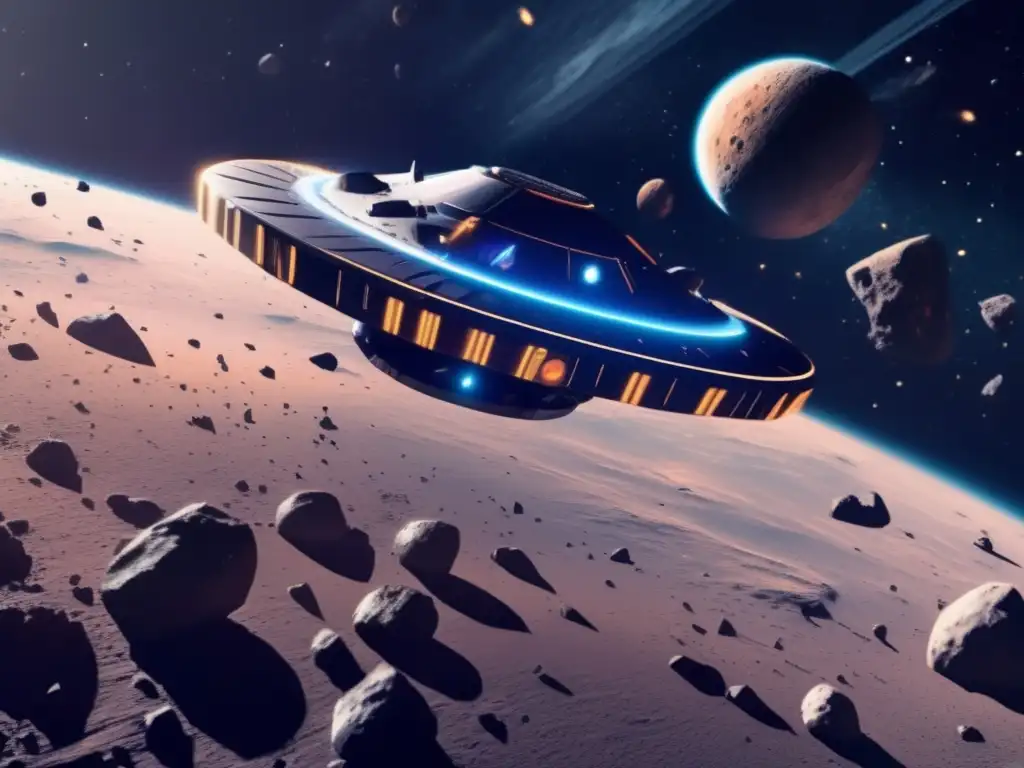 Nave espacial futurista en el cinturón de asteroides Nave espacial futurista con IA avanzada navegando en cinturón de asteroides