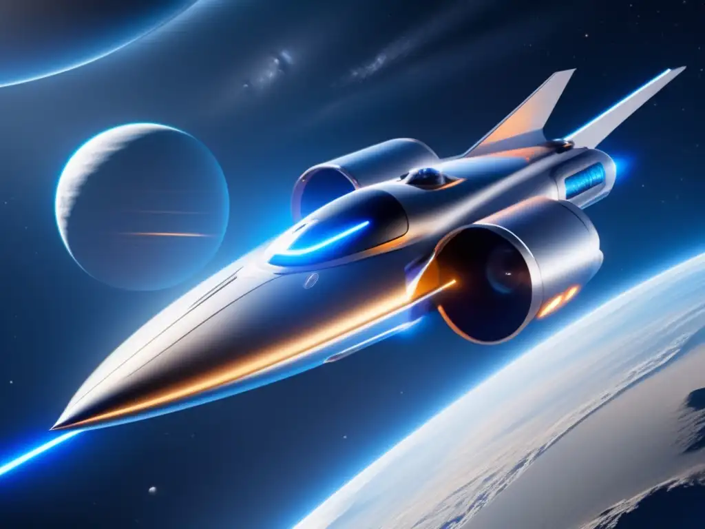 Nave espacial futurista con propulsión iónica en el espacio Nave espacial futurista con propulsión iónica en el espacio